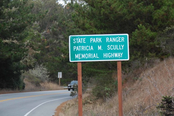 State Park Ranger Patricia M. Scully’s memorial road sign. Located near the original accident site and just north of San Gregorio State Park, Highway 1, California. There is another sign 4.5 miles north of here facing southbound traffic. Photo © Mobile Ranger 2013.