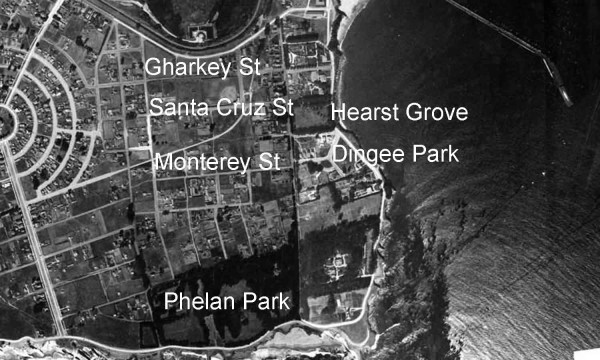 The Millionaire's Row area in 1928. The large block-size estates can be seen although by 1928 Cliff Drive (currently West Cliff Drive) has been constructed. Also the tree-lined rectangle that is the Hearst Grove is clearly visible. Picture © Kenneth and Gabrielle Adelman, California Coastal Records Project.www.Californiacoastline.org