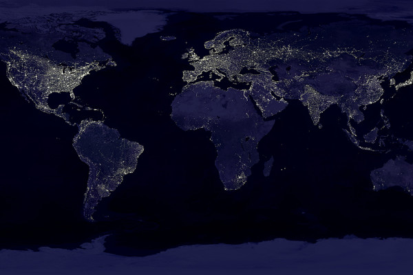 The Earth at night, a composited night-time image of the world during the anthropocene. Data courtesy Marc Imhoff of NASA GSFC and Christopher Elvidge of NOAA NGDC. Image by Craig Mayhew and Robert Simmon, NASA GSFC. 