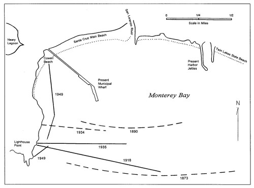 Locations and dates of proposed breakwaters in Santa Cruz Harbor. Dashed lines indicate location is approximate. Figure adapted with permission from "The Great Seaport Dream" by Frank Perry.