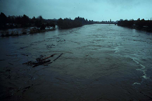 Looking downstream from the Water Street Bridge on January 4th, 1982. You can see the floodwaters covering the park. Photo from the collection of Gary Griggs.