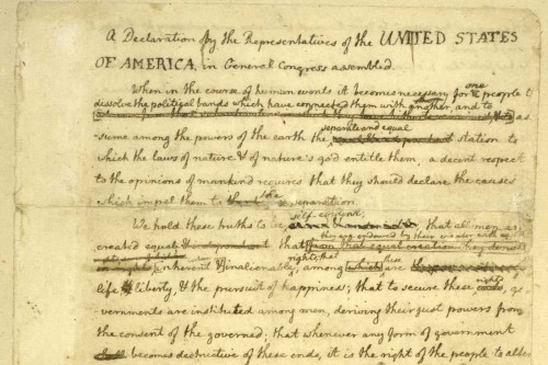 The "original Rough draught" of the Declaration of Independence, one of the great milestones in American history, shows the evolution of the text from the initial "fair copy" draft by Thomas Jefferson to the final text adopted by Congress on the morning of July 4, 1776. Image modified from the Library of Congress.