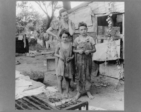 People living in miserable poverty, Elm Grove, Oklahoma County, Oklahoma. Photo by Dorothea Lange, 1936 and part of Roosevelt's New Deal photographs from 1935 - 1945.  Photo courtesy Photogrammer.com.