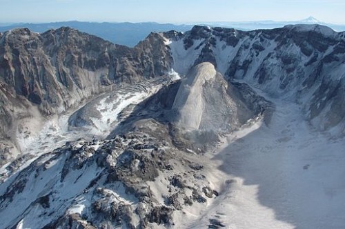 Crater Glacier February 2005. It is nearly split at its south end by the new lava domes. Photo thanks to USGS. 