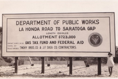 Sign posted at Saratoga Gap, 1928. Photo courtesy of CalTrans.