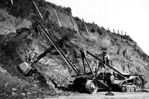 The Insley one-man power shovel saved many man hours clearing slides during the construction of Skyline Boulevard, Photo courtesy of CalTrans.