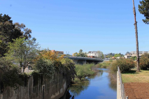 The channelized lower portion of Branciforte Creek meets the San Lorenzo River in downtown Santa Cruz. Photo courtesy and © of the Coastal Watershed Council.