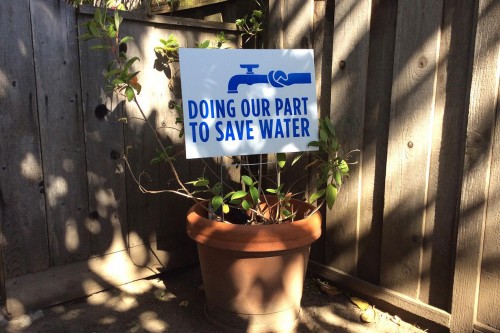Santa Cruz residents display ‘Doing Our Part to Save Water’ signs on withering lawns. Photo courtesy and © of Soquel Creek Water District.