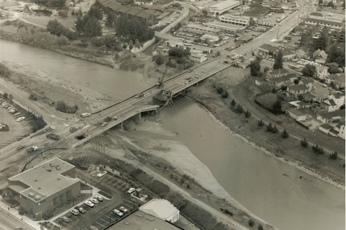During the peak flow of the 1982 storm surge, the Soquel Avenue Bridge was damaged. The above photo was taken a day after the water subsided. Photo courtesy of City of Santa Cruz Economic Development Department.
