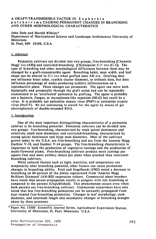 First page of the 1988 paper in Acta Horticulturae by John Dole and Harold Wilkins. Paper courtesy Professor John Dole.