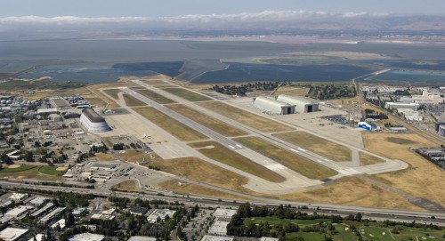 Moffett Field from the air in 2008. Hangar One can be seen in the left center and Hangars Two and Tree in the right center. Photo credit: NASA.