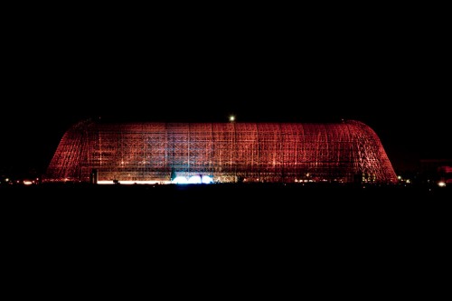 Hangar One with its rafters exposed and artfully lit, 2013. Photo: NASA 