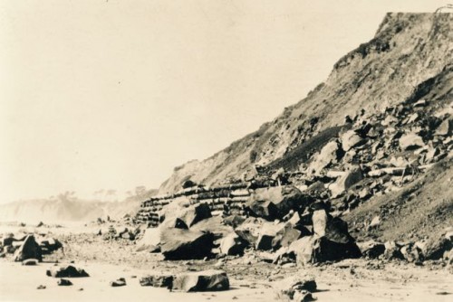 Cribbing built by William Waddell for the rail line that took his lumber out to New Year's wharf. It later became the foundation for a Santa Cruz County road. Unknown date. Photo: Santa Cruz Museum of Art and History