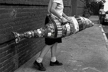 Ables built the Dolphin Suitcase as a functional sculptural “prop” to discuss storm drains and recycling. Image: Kim Abeles