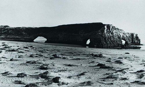 The three natural bridges circa 1900. At this time they were connected to land so technically are considered arches as well as bridges. Photo courtesy of Frank Perry and UCSC Special Collections