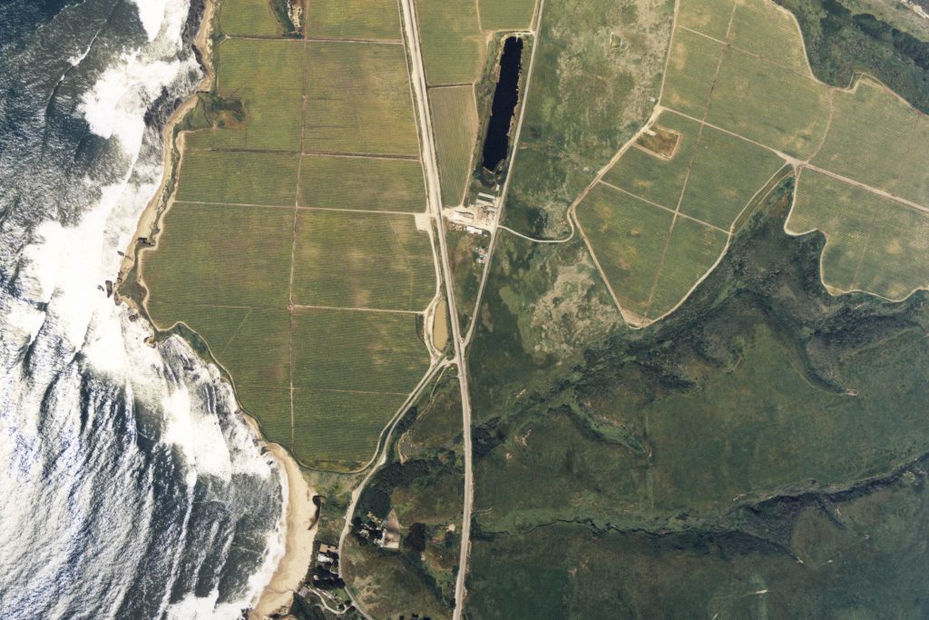 Aerial image of El Jarro Point in 1993. This is area is about 3.5 miles south of Greyhound rock. The buildings in the center-top portion are what is now Swanton Berry Farms.  Photo: © Kenneth and Gabrielle Adelman, California Coastal Records Project .http://www.Californiacoastline.org 