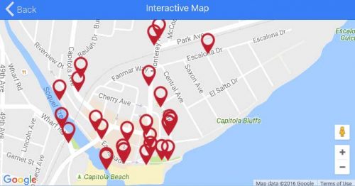 A screen shot of the stops and the interactive map feature in the self-guided mobile tour.