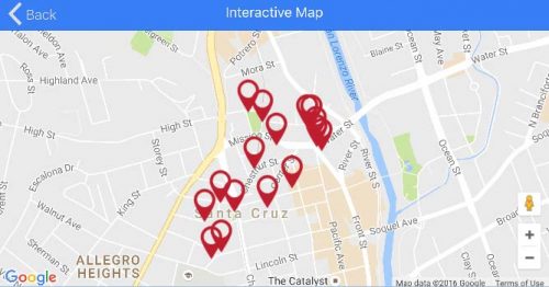 A screen shot of the stops and the interactive map feature in the self-guided mobile tour.