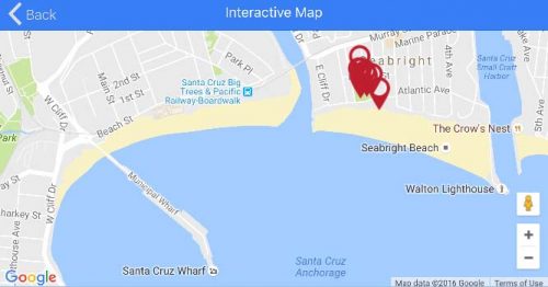 A screen shot of the stops and the interactive map feature in the self-guided mobile tour.