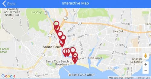 A screen shot of the stops and the interactive map feature in the self-guided mobile tour.