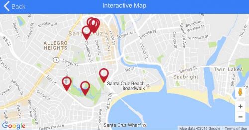 A screen shot of the stops and the interactive map feature in the self-guided mobile tour.