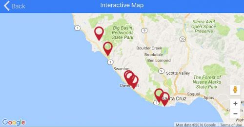 A screen shot of the stops and the interactive map feature in the self-guided mobile tour.