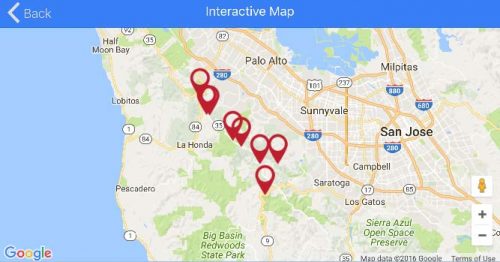 A screen shot of the stops and the interactive map feature in the self-guided mobile tour.