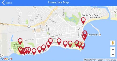 A screen shot of the stops and the interactive map feature in the self-guided mobile tour.